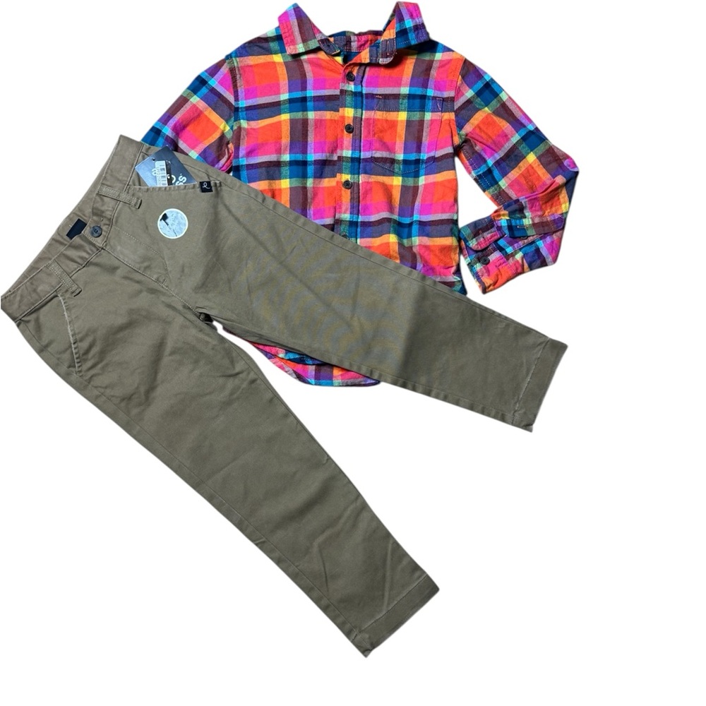 Colorful Plaid Kids long sleeve shirt with kahki pants